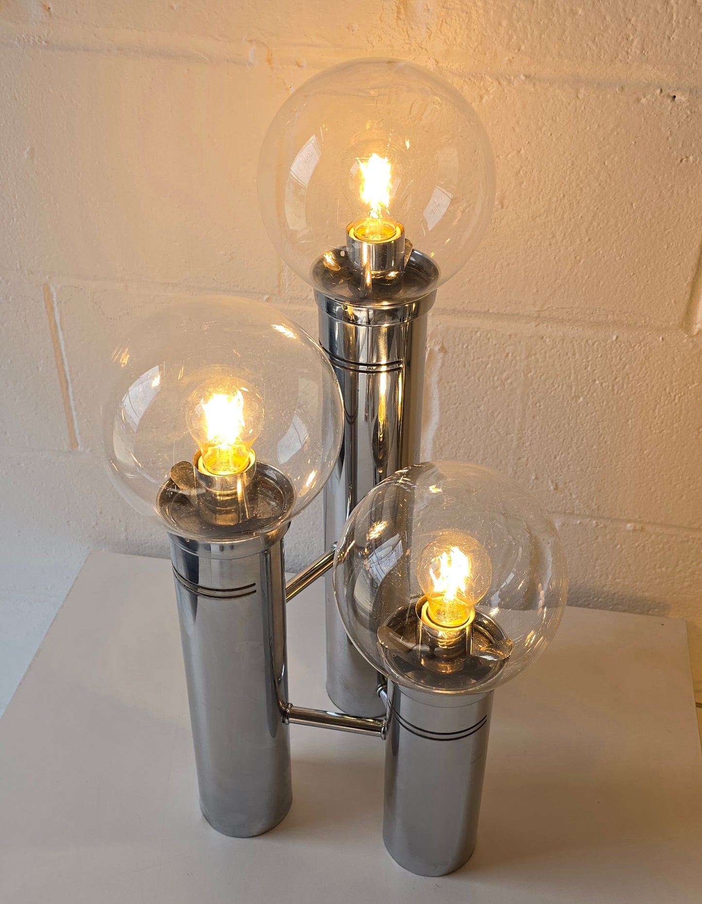 Glass Globe And Tubular Chrome Table Lamps