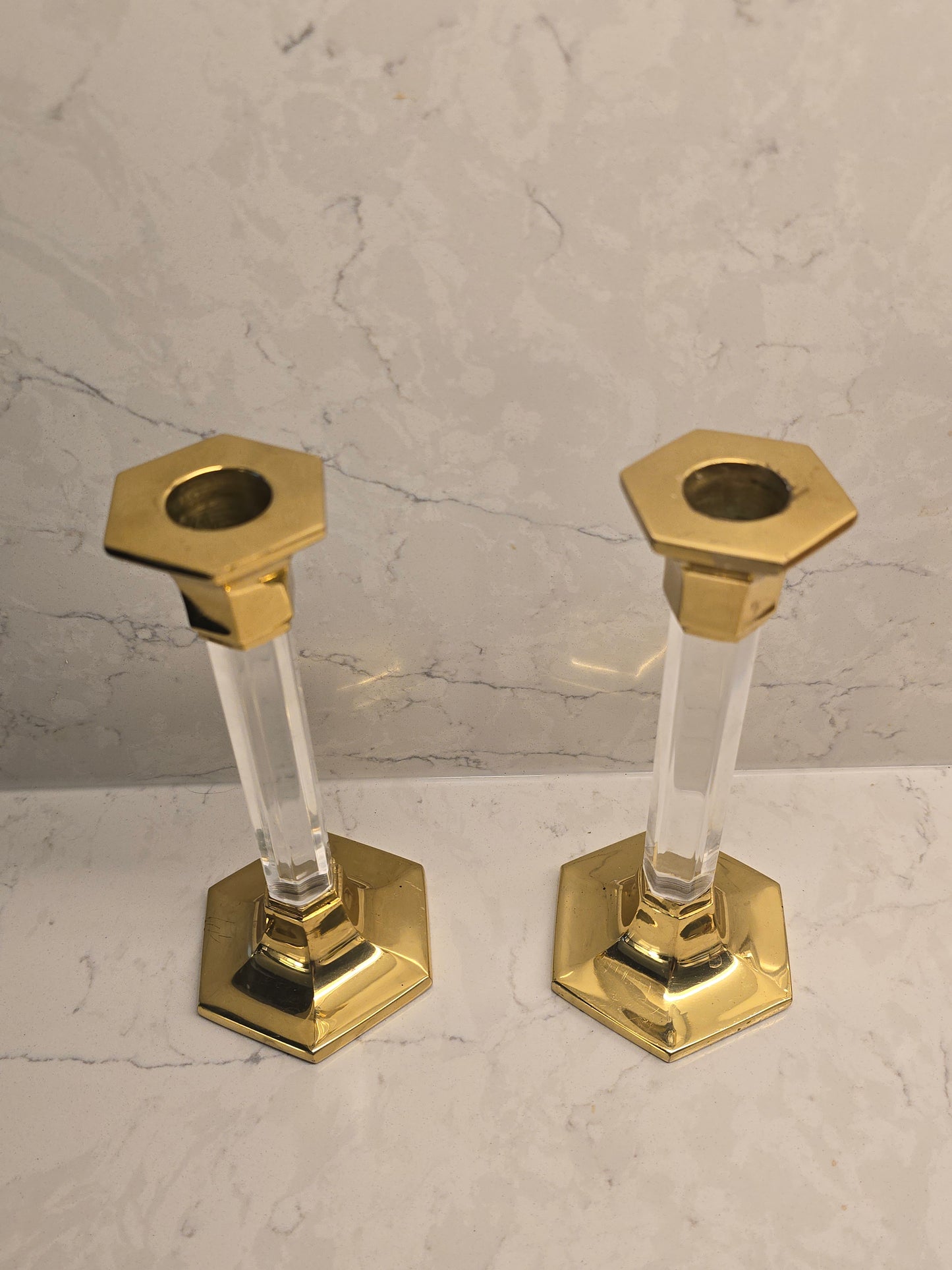 Lucite and Brass Candleholders