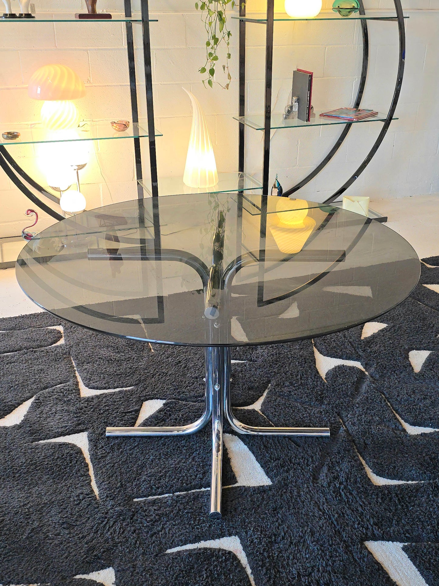 Tubular Chrome and Tinted Glass Dining Table