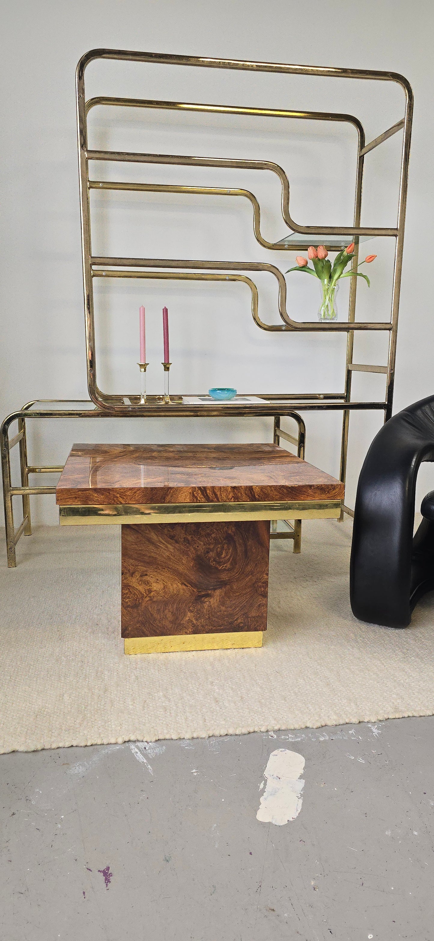 Vintage Laminated Burlwood and Brass Tables