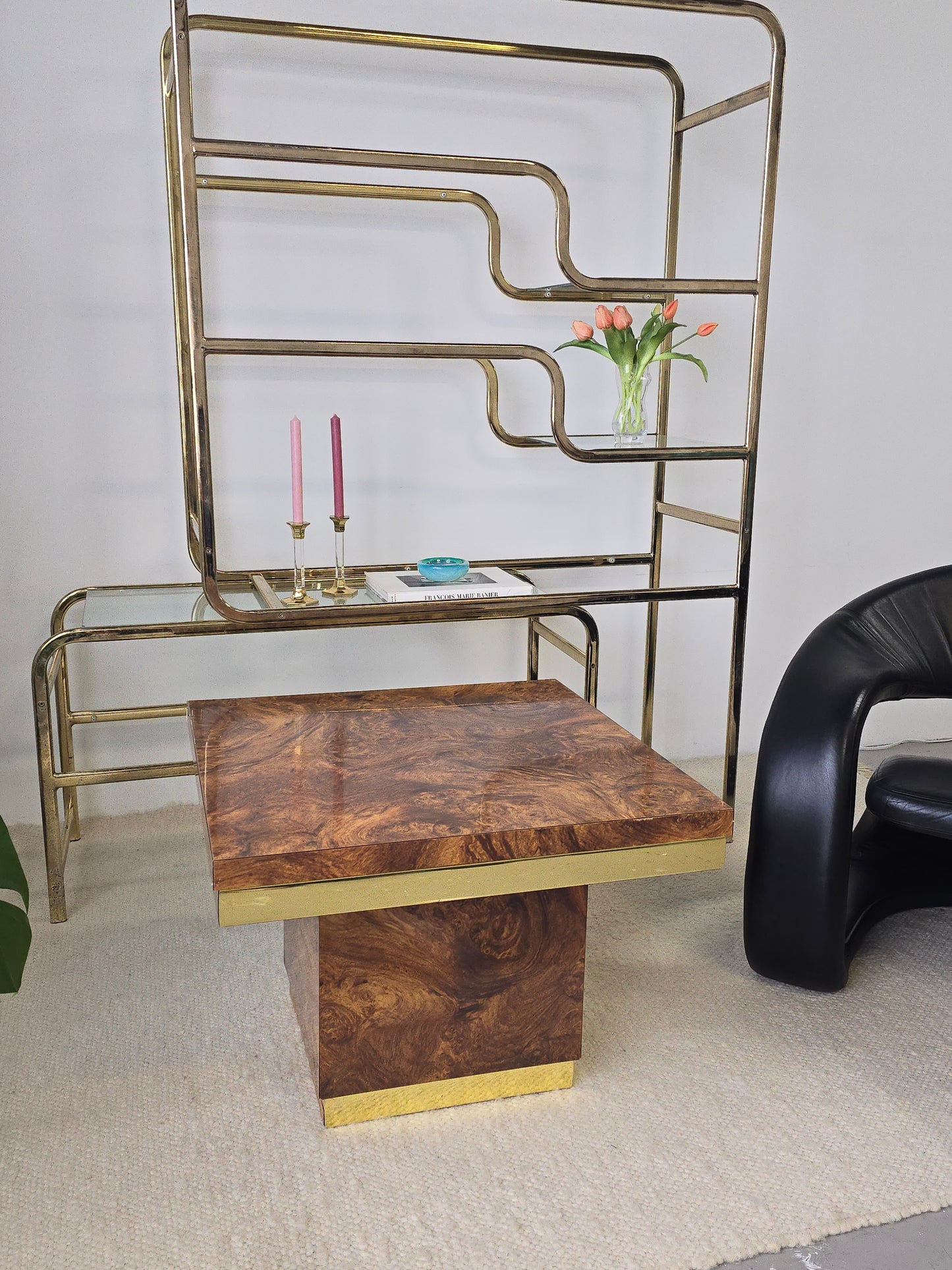 Vintage Laminated Burlwood and Brass Tables
