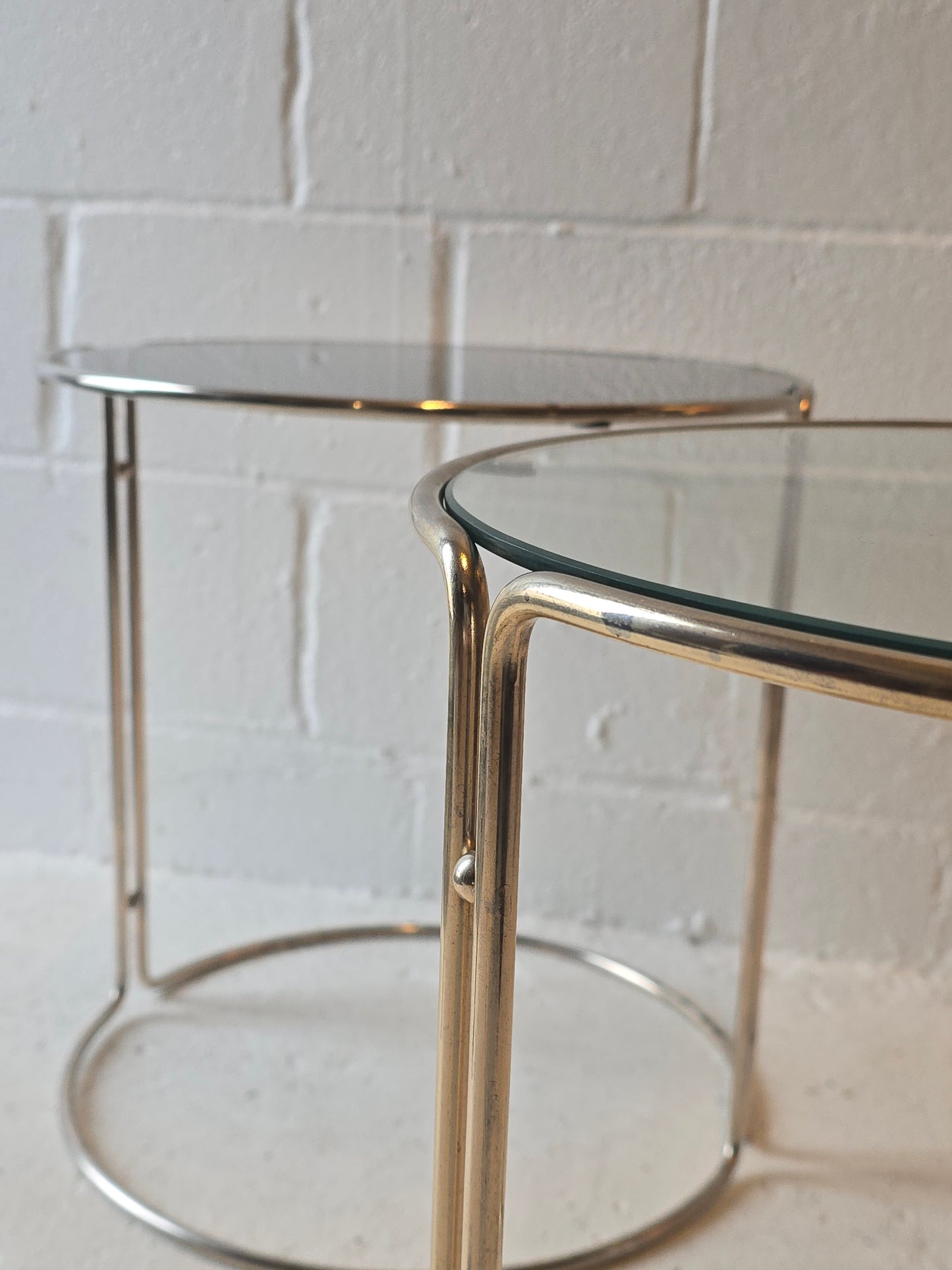 Light Brass and Glass Round Side Tables