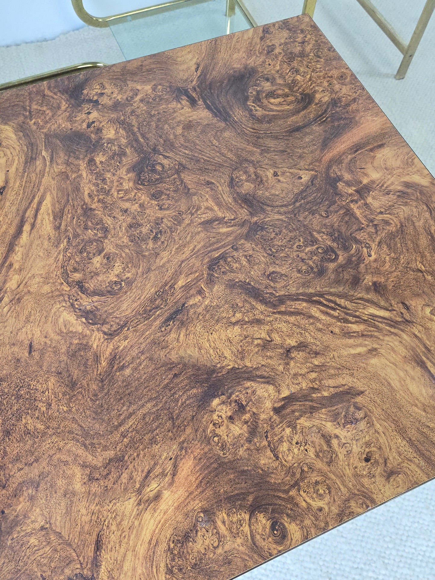 Vintage Laminated Burlwood and Brass Tables