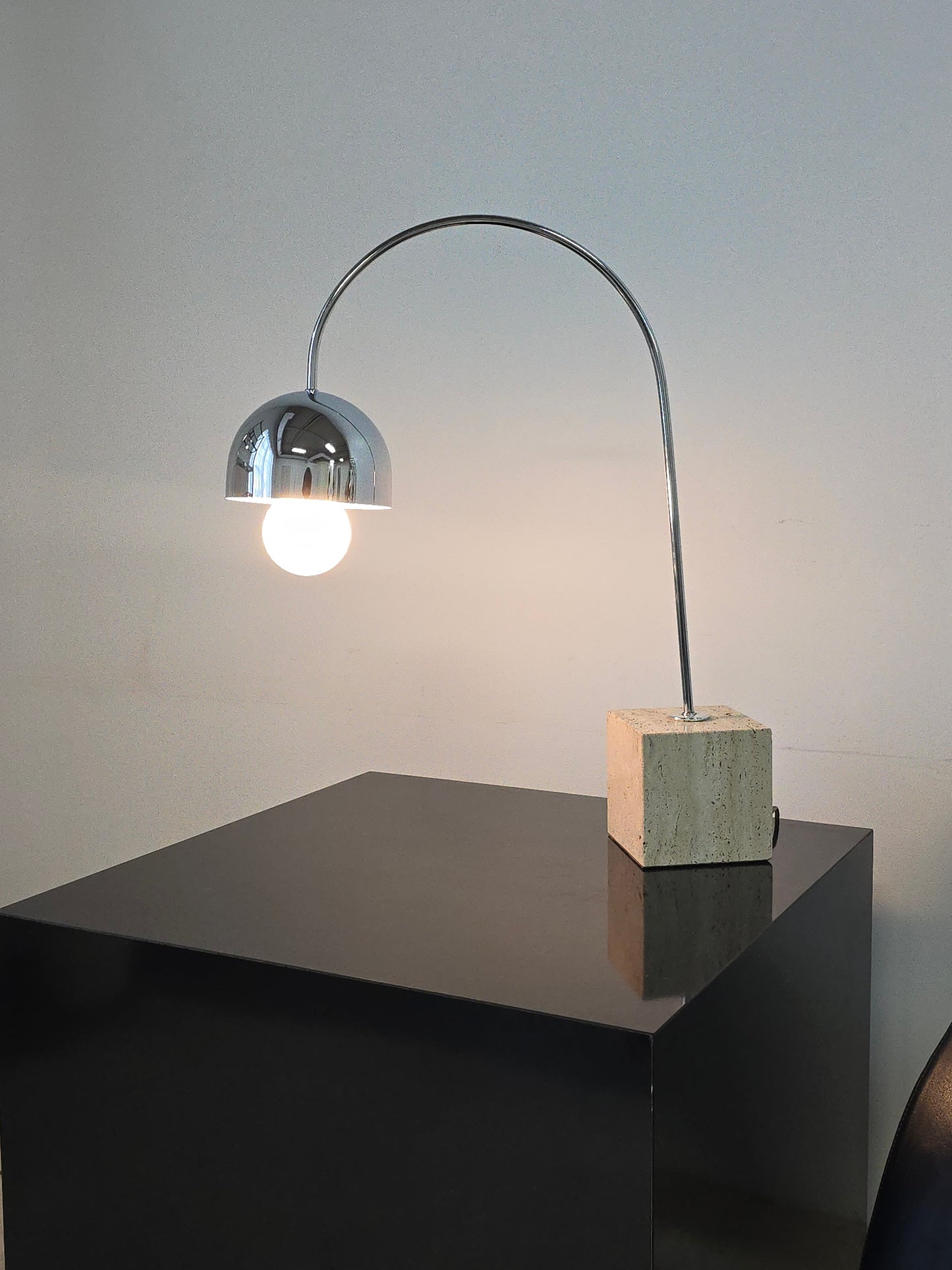 Harvey Guzzini Arc Chrome and Travertine Table Lamp