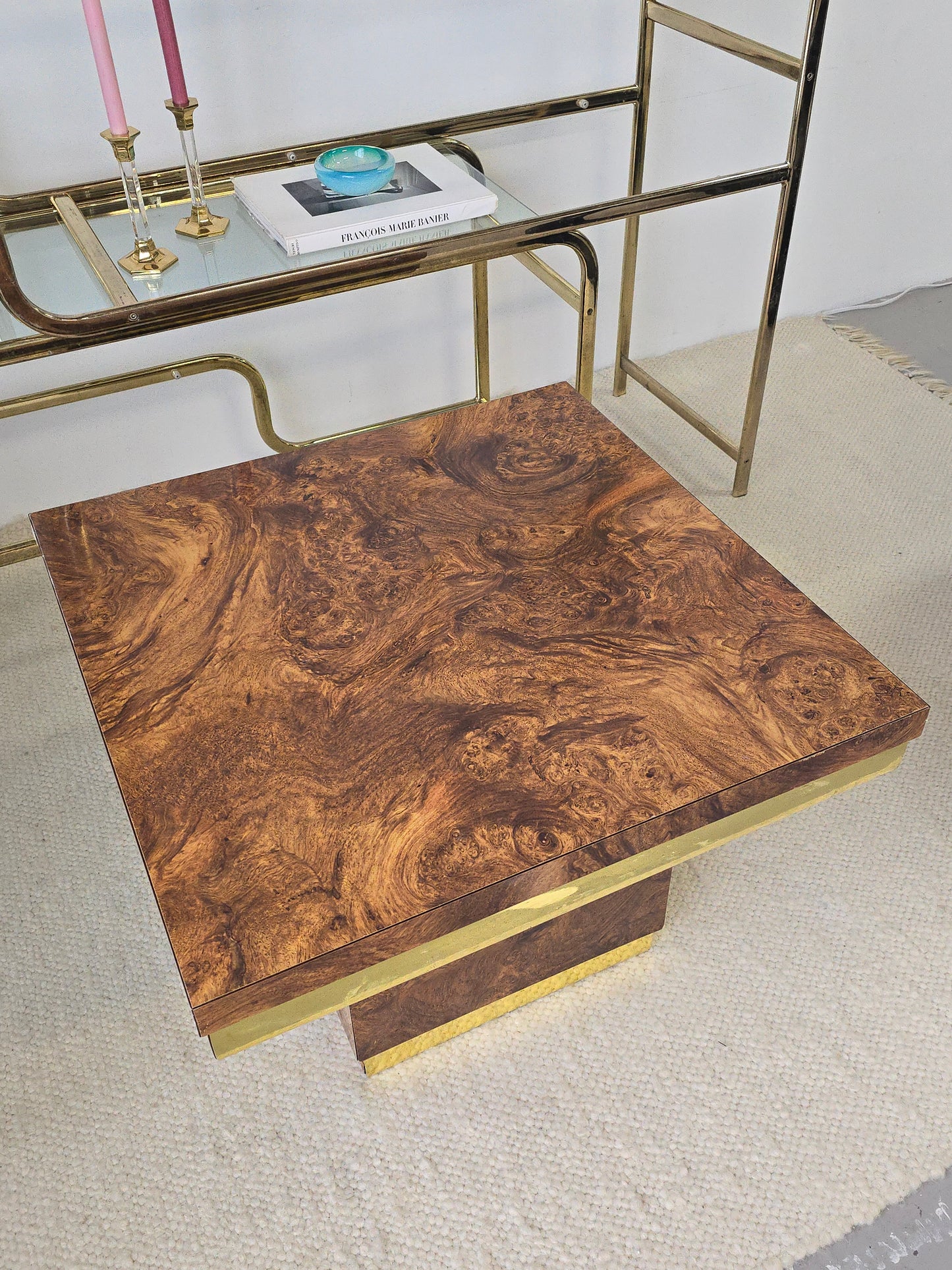 Vintage Laminated Burlwood and Brass Tables