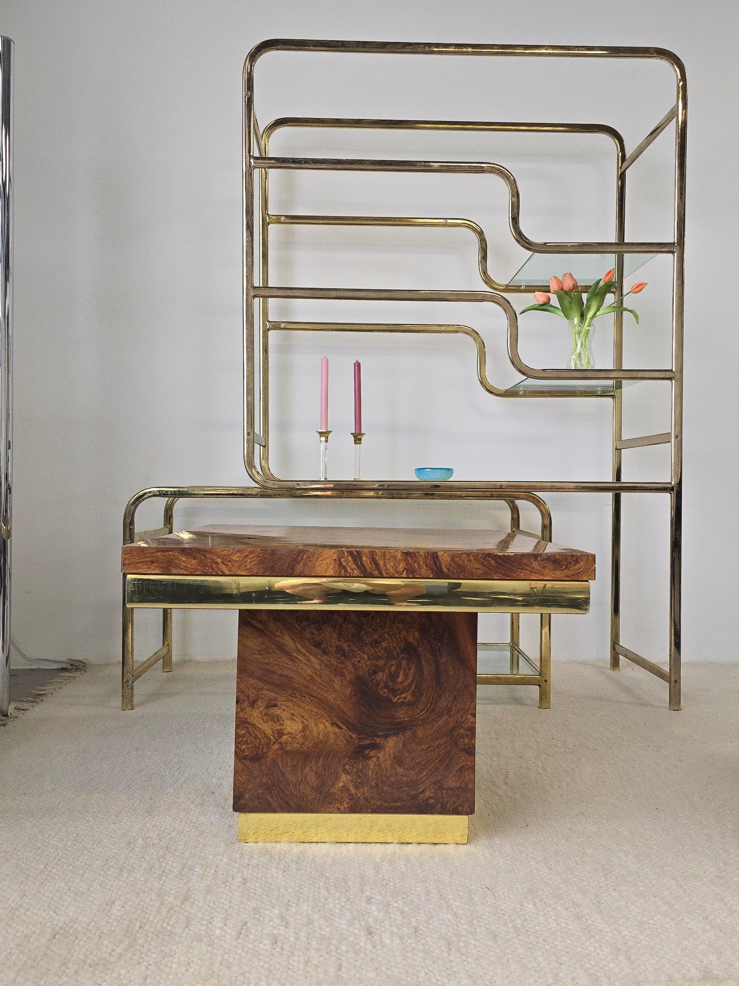 Vintage Laminated Burlwood and Brass Tables