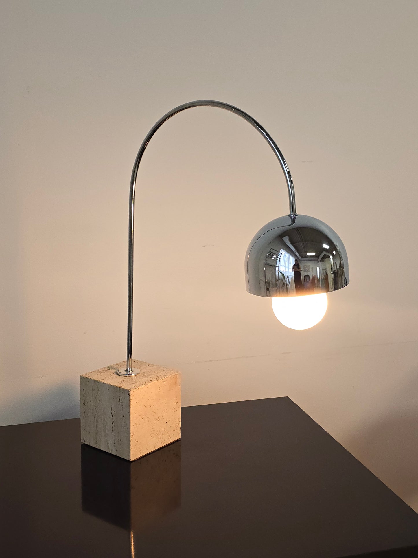 Harvey Guzzini Arc Chrome and Travertine Table Lamp