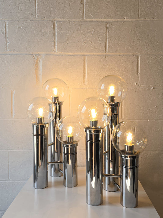 Glass Globe And Tubular Chrome Table Lamps