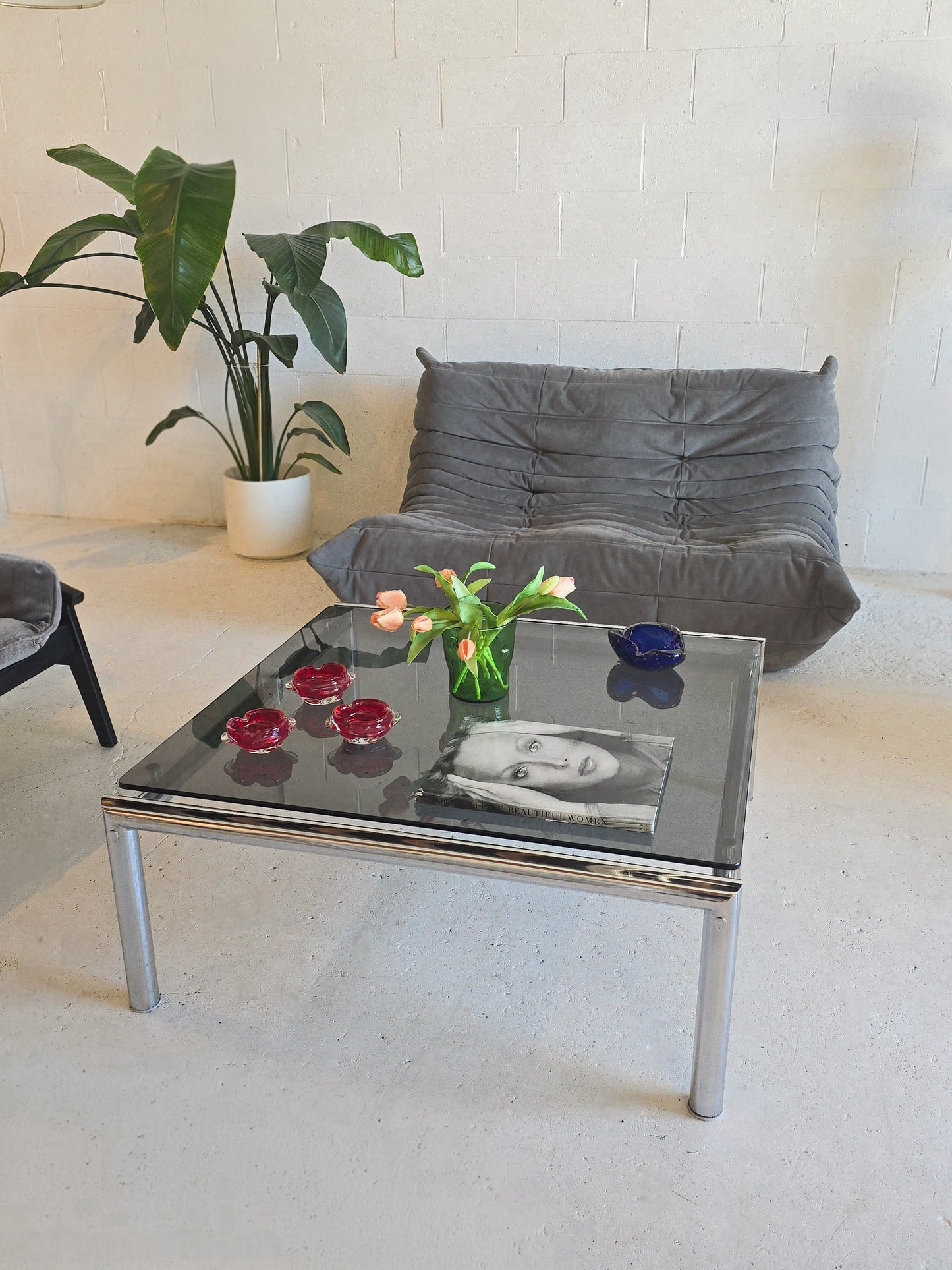 Large Chrome and Tinted Glass Coffee Table