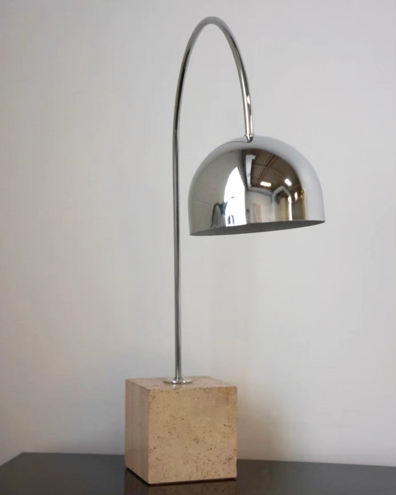 Harvey Guzzini Arc Chrome and Travertine Table Lamp