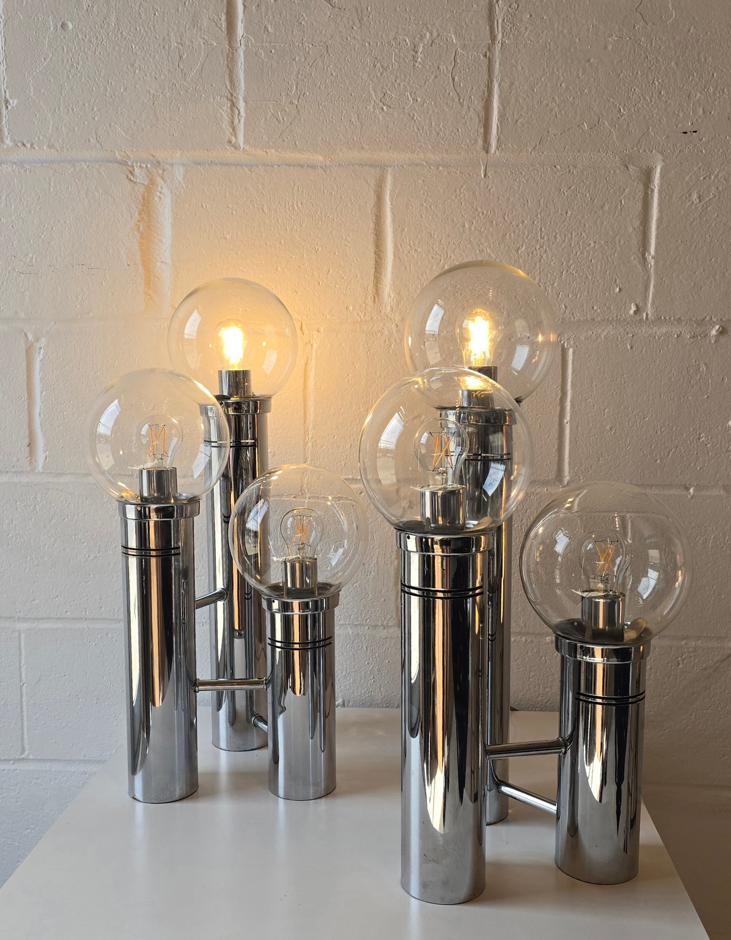 Glass Globe And Tubular Chrome Table Lamps